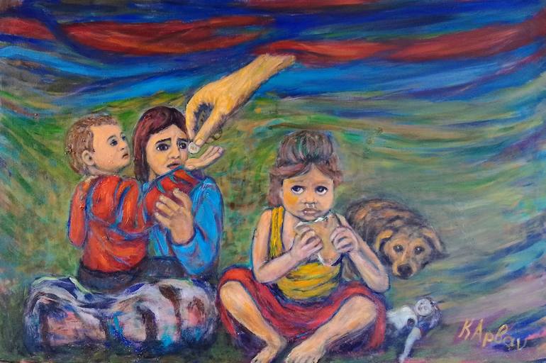 Original Children Painting by Konstantinos Arvanitis | Expressionism Art on Canvas | The coin of need