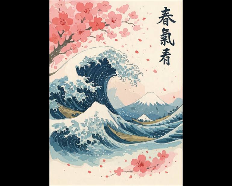 Original Performing Arts Digital by Usama Arshid Ali | Digital Art Art on Paper | Japanese Wave Cherry Blossom Art - Mount Fuji Spring Wall Print