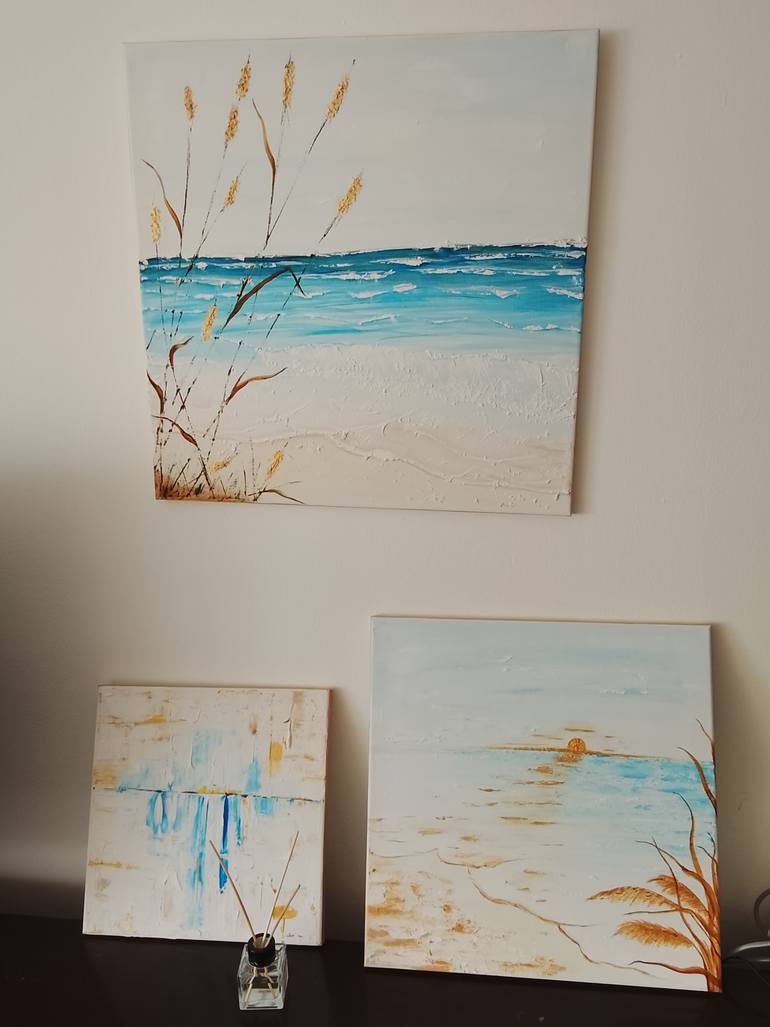 Original Seascape Painting by Natalia Ivanova | Abstract Art on Canvas | Golden Shore Set of 3 Original Impasto Relief Paintings,Gold Leaf