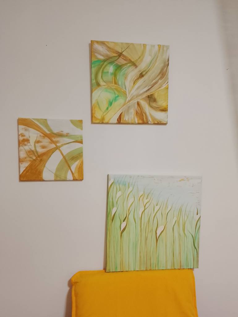 Original Botanic Painting by Natalia Ivanova | Abstract Art on Canvas | Golden Wind Echoes - Set of 3