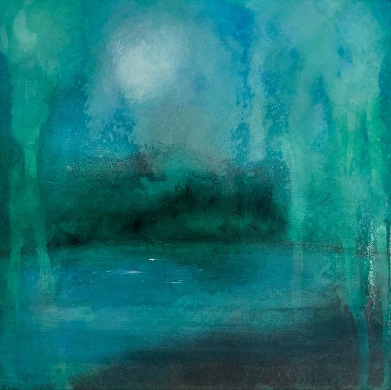 Original Landscape Painting by Miyuki Koiwai | Abstract Art on Mdf | Forest Lake III -- Light in the Mist | Original Painting 18cm