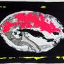 layers of black and textured white acrylic...using my favorite intensely pigmented jet black, yellow and pink gouache to create the shape...finally adding hand-drawn oil infinity shapes. Applied to a large heavy matt white archival paper.