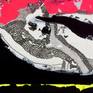 layers of black and textured white acrylic...using my favorite intensely pigmented jet black, yellow and pink gouache to create the shape...finally adding hand-drawn oil infinity shapes. Applied to a large heavy matt white archival paper.