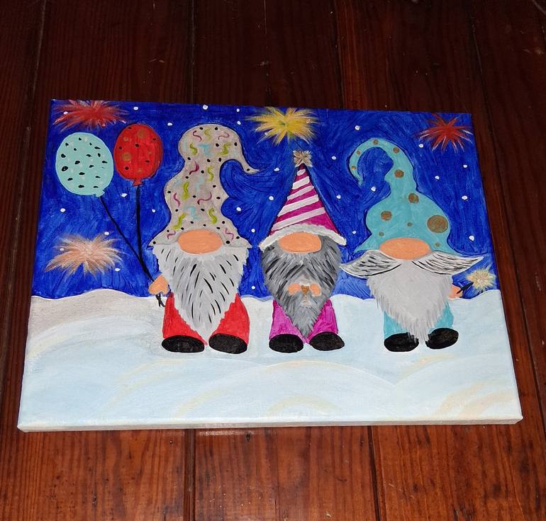 Original Other Painting by Heather Huether | Contemporary Art on Canvas | A Toast To The Gnomes