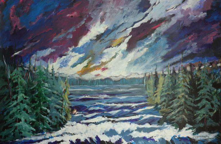 Original Landscape Painting by Paula G Spaulding | Contemporary Art on Canvas | Stormy Sky Over the Lake