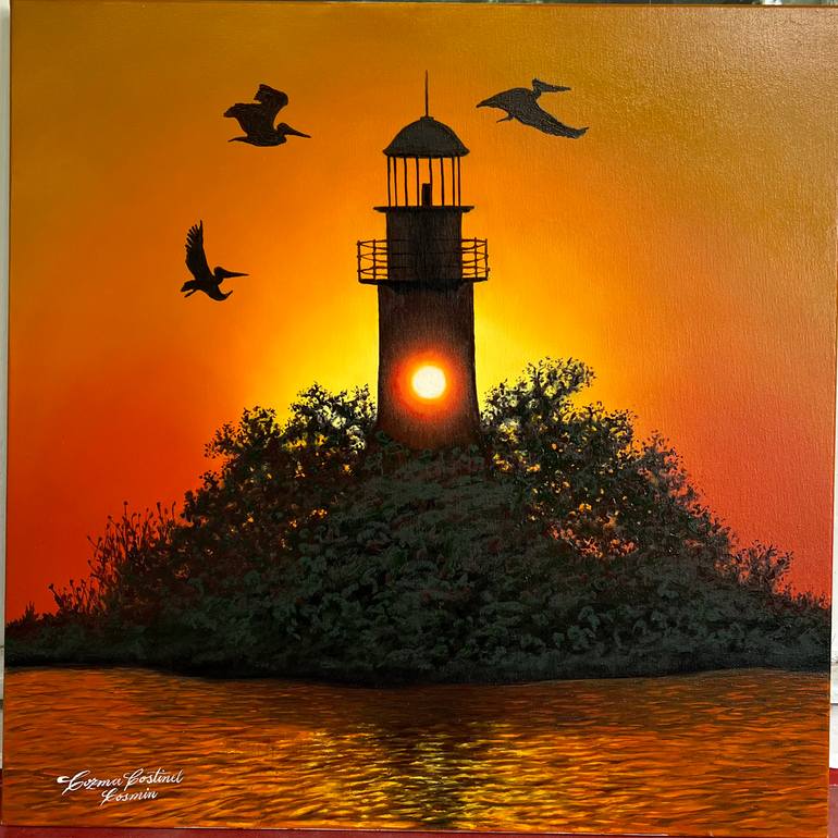 Original Landscape Painting by Costinel Cosmin Cozma | Photorealism Art on Canvas | Sunset At The Lighthouse