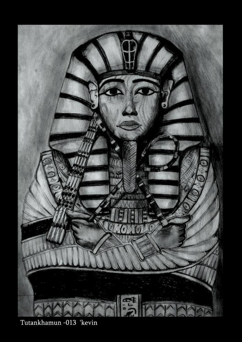 Original Famous Drawing by Kevin Luska  Black  White Art on Paper  Tutankhamun