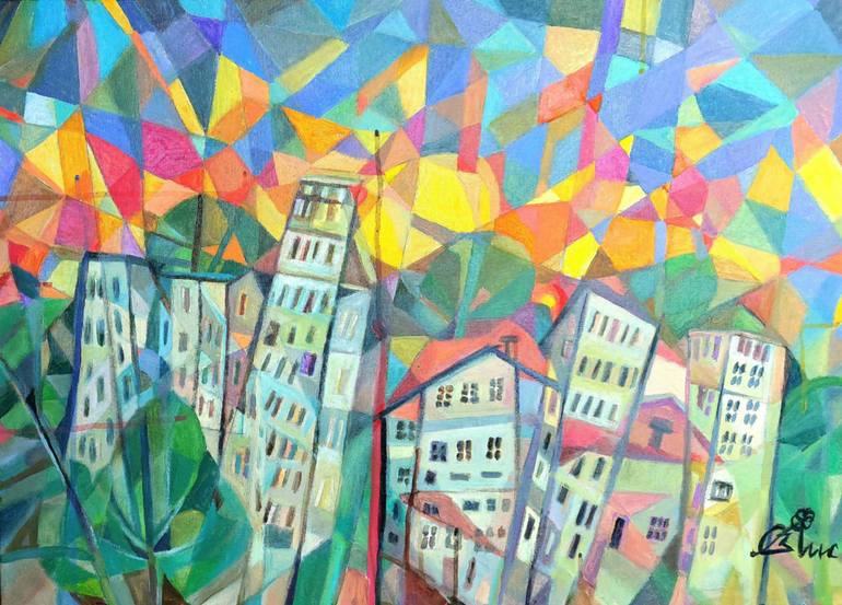 Original Sunset Painting by Zdravka Lisiyska | Cubism Art on Canvas | The Sunset in the City