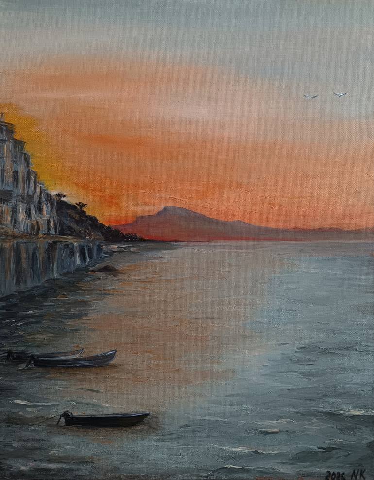 Original Landscape Painting by Nelli Kalinkina | Contemporary Art on Canvas | "Italian Serenity"Sunset on the coast of Italy, oil painting