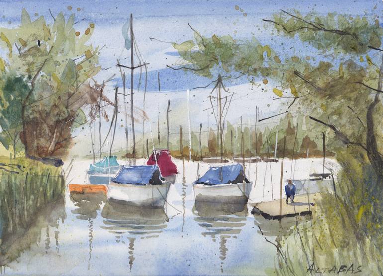 Original Boat Painting by Gustavo Altabas | Figurative Art on Paper | Calm on the lake