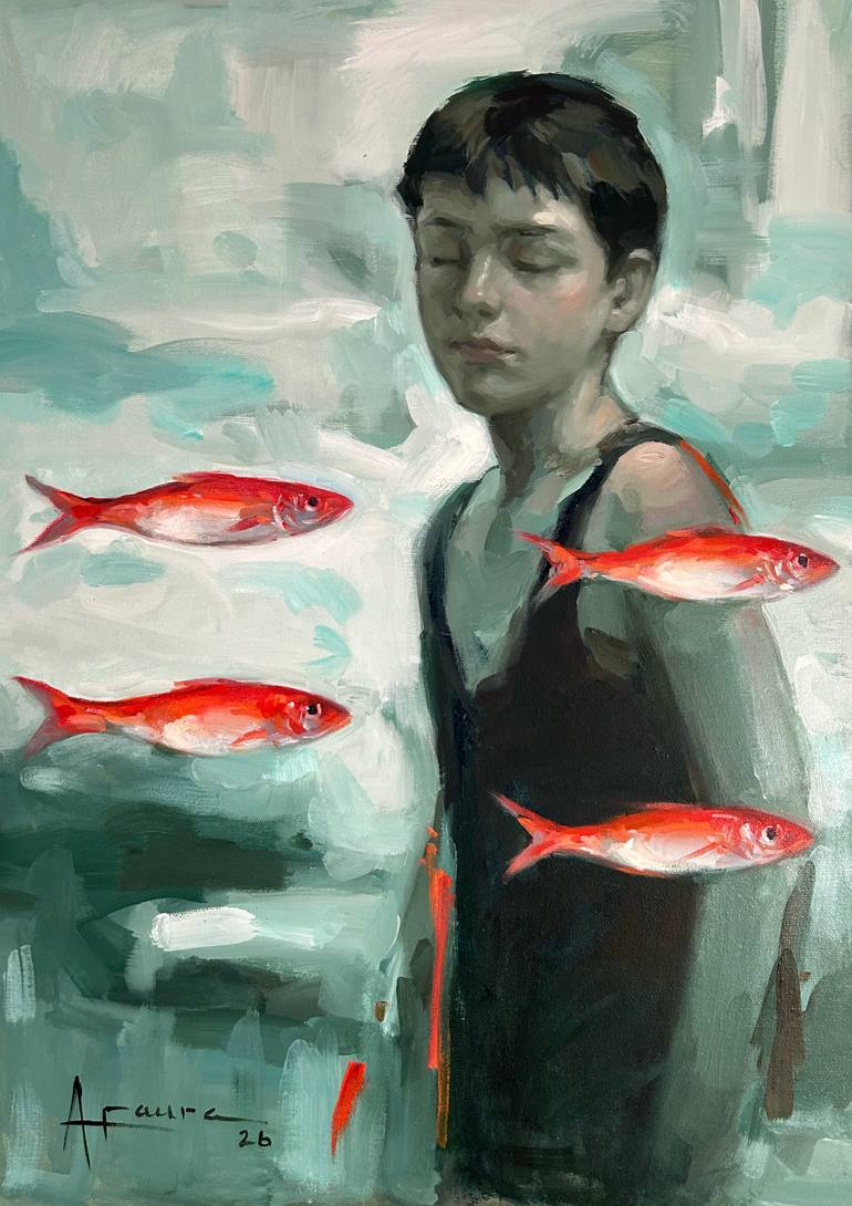 Original Children Painting by Alejandro Faura | Figurative Art on Canvas | The Fish of Absence