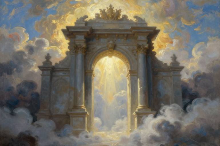 Original Sunset Painting by Sumaira Tabassum | Contemporary Art on Aluminum | The Gate of Eternal Light - Baroque Heaven Portal at Sunrise