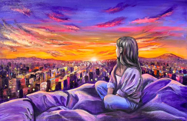 Original Sunset Painting by Kateryna Kurlova | Figurative Art on Canvas | Stillness in the Stream