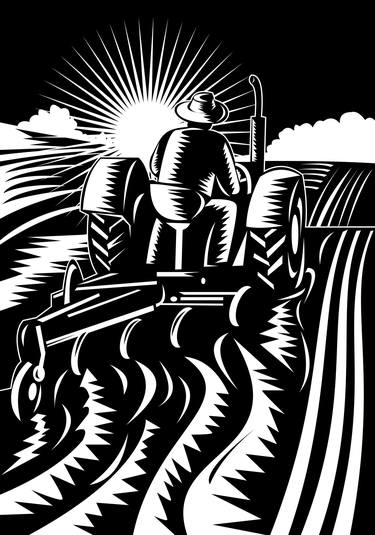 farmer driving a vintage tractor plowing retro woodcut thumb