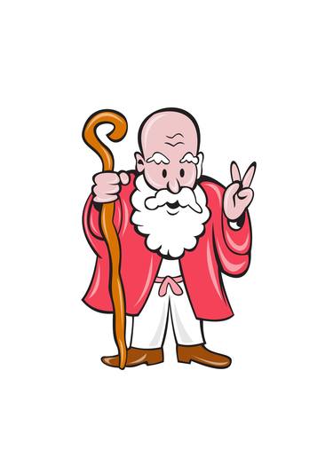 Bearded Old Man Staff Peace Sign Cartoon thumb