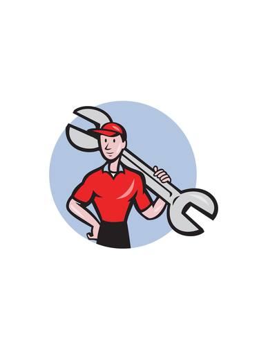 Mechanic Hold Spanner On Shoulder Circle Cartoon thumb