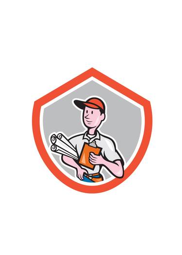 Builder Carpenter With Plans Shield Cartoon thumb