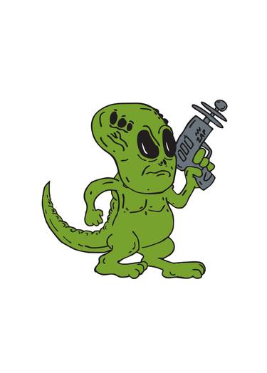 Alien Dinosaur Holding Ray Gun Cartoon thumb