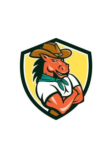 Cowboy Horse Arms Crossed Shield Cartoon thumb