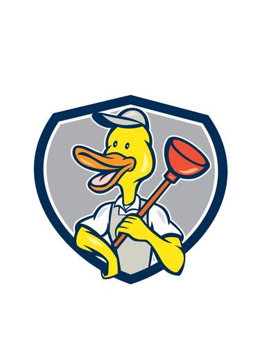 Duck Plumber Holding Plunger Shield Cartoon thumb