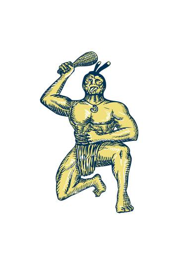Maori Warrior Wielding Patu Kneeling Etching thumb