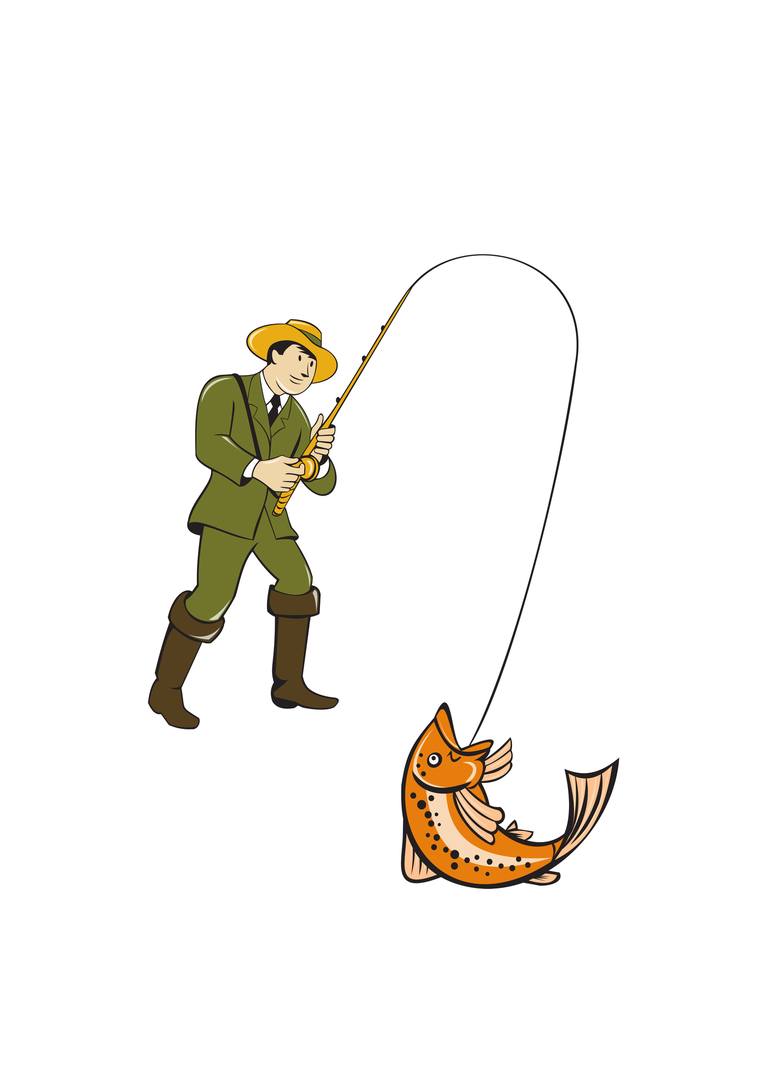 Fly Fisherman Catching Trout Fish Cartoon