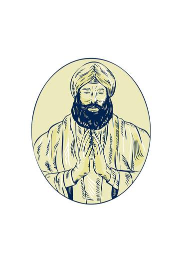 Sikh Priest Praying Front Oval Etching thumb