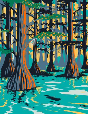 Caddo Lake State Park with Bald Cypress Trees in Harrison and Marion County East Texas USA WPA Poster Art thumb