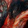The ascension of Samael synthesizes a conglomeration of forces that merge to unite a titan of the Christian faith. The face is rendered symbolically similar to that of Christ, but the dark voracity of the gaze desecrates this image and everything tends to unfold chaotically. The body is torn apart by cosmic forces and abysmal tensions in which remnants of human matter are found surrounding it and shape the body of a huge savior. We used long touches of color and pasty texture to render the composition of terrestrial materiality. The flesh tends to self-transcend and liberates from the chains of divine creation. With the first intoxicating breath of this life, the human being transforms into a fragile and delicate mass, difficult to control, disguised under the guise of a demon or an angel. 
by SAFIR 
OIL ON CANVAS, 200cm x 150cm
ORIGINAL ARTWORK from  "The Fall of Angels - The Demonic Rebellion of Creation" series
CONTACT E-MAIL:didosart28@yahoo.com