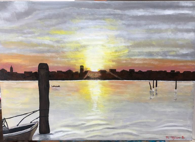 Original Landscape Painting by Michela Alfiero Bordigato | Figurative Art on Canvas | SUNSET ON THE LAGOON