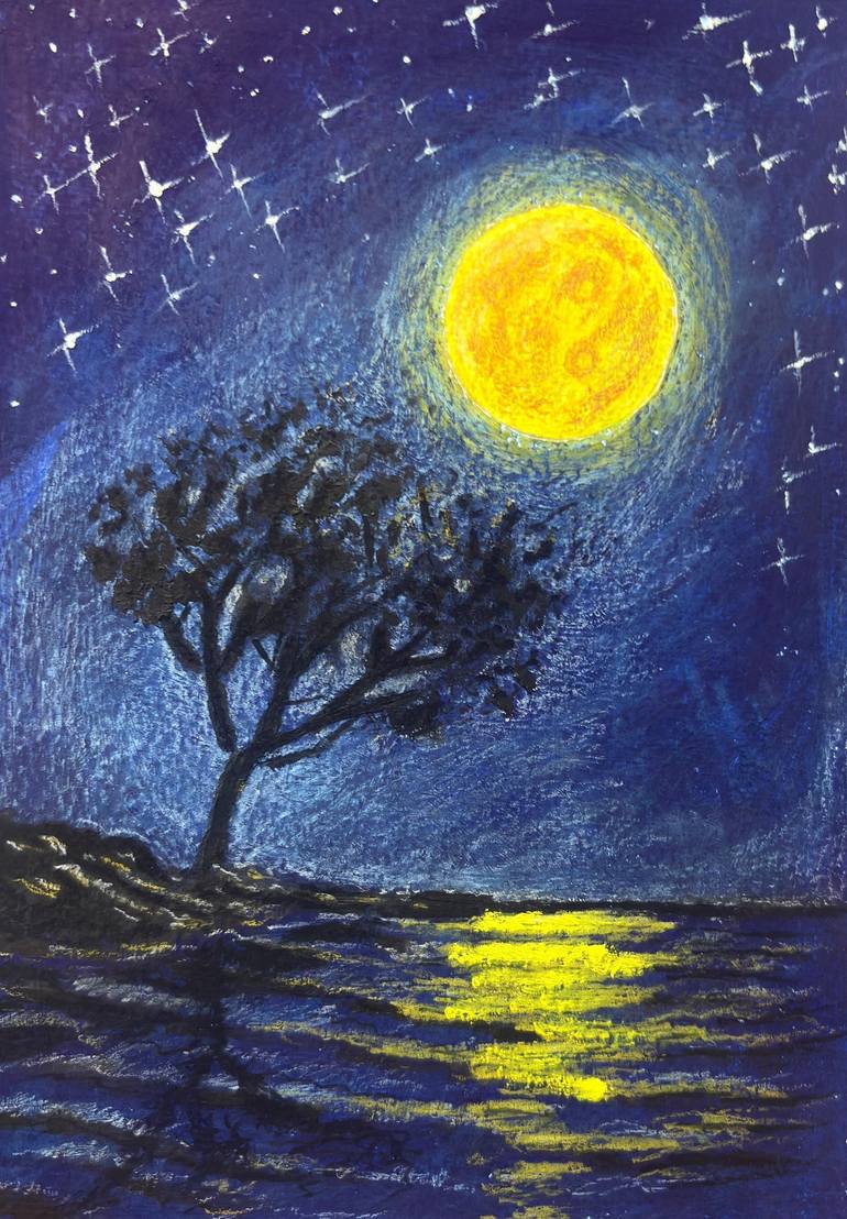 Original Landscape Mixed Media by Ponhari K | Contemporary Art on Paper | Whispers of the Night Lake