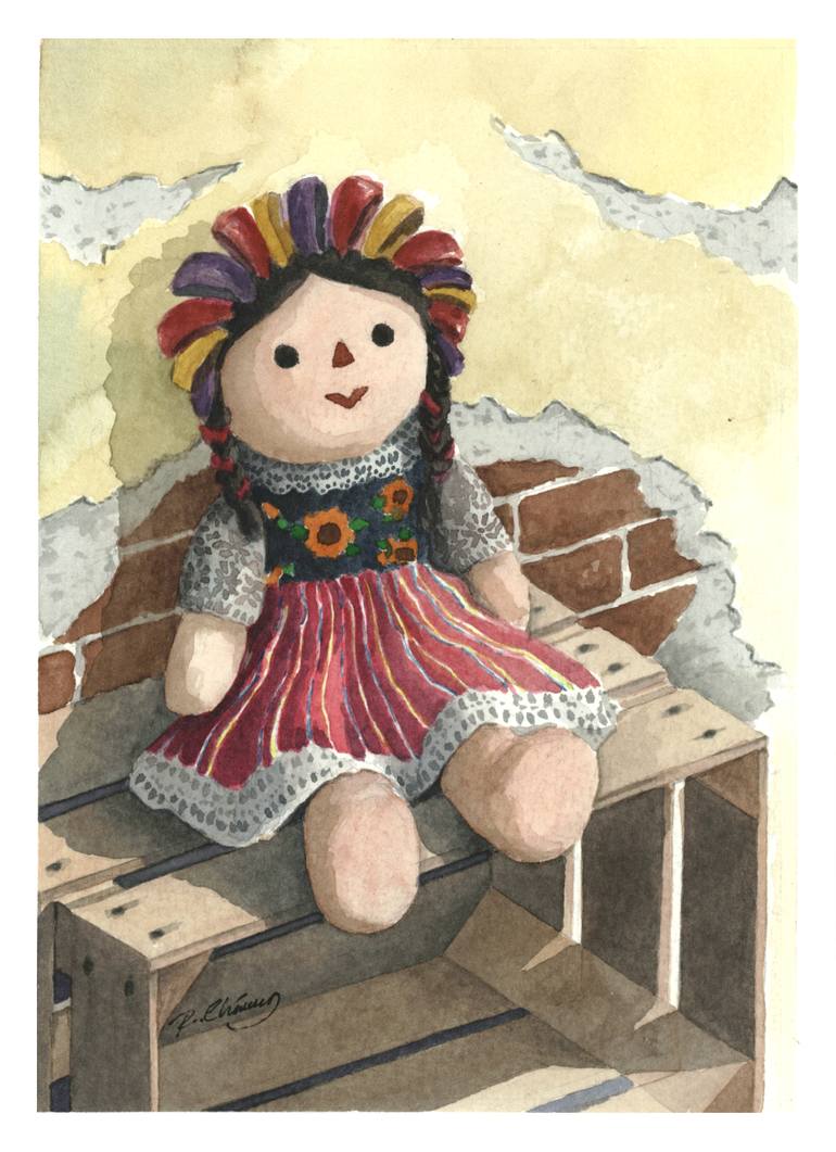 Original Children Painting by Rodolfo Chavez | Contemporary Art on Paper | The Little Guardian, Traditional Mexican Rag Doll