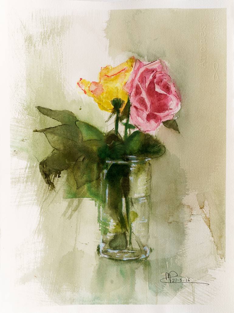 Original Floral Painting by Marta Prats | Contemporary Art on Paper | Yellow and Pink Roses