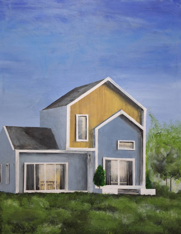 Original Architecture Painting by Ana Del Castillo | Figurative Art on Canvas | Grey and yellow house