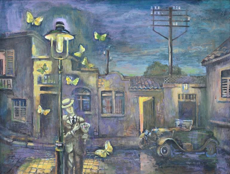 Original People Painting by Alexander Zakharchenko | Abstract Art on Pressed Cardboard | Before the Night Settles