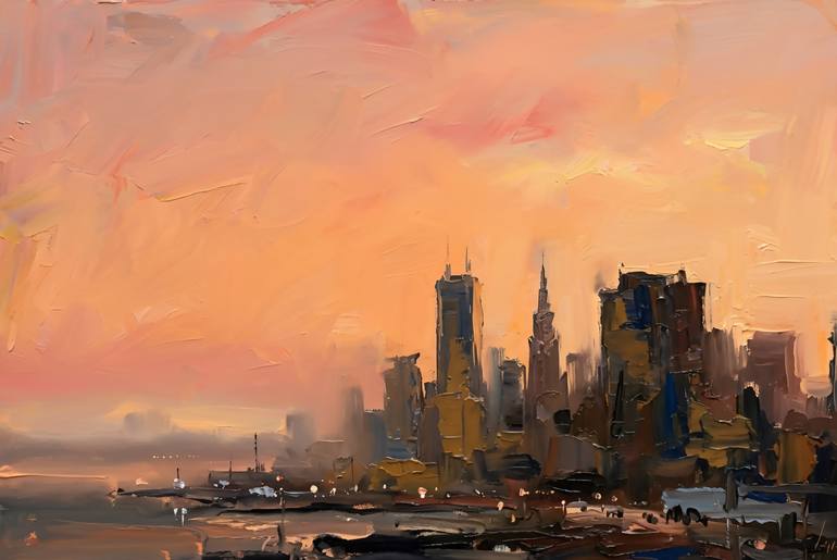Original Sunset Digital by Hasnain Khan | Digital Art Art on Canvas | Golden Hour Over the City