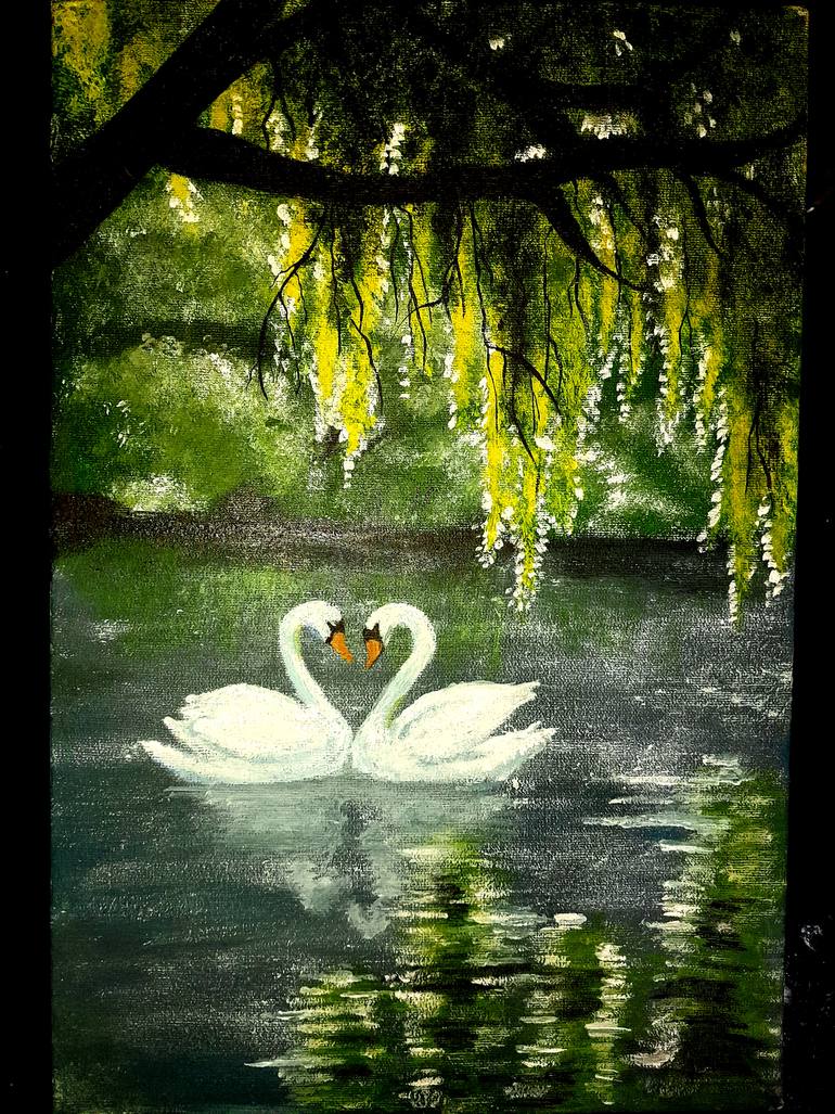 Original Nature Painting by Bouulann N | Classicism Art on Canvas | swans on the lake