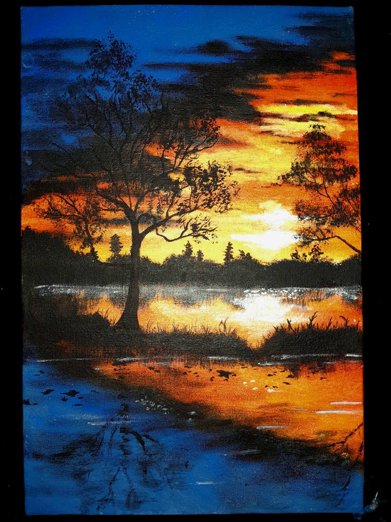 Original Sunset Painting by Bouulann N | Classicism Art on Canvas | Last Light on the Water