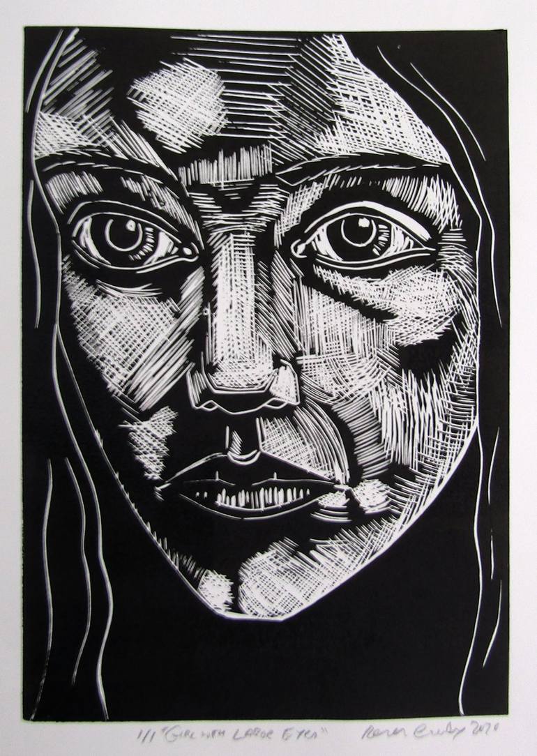 Girl with large eyes. Linoprint. Printmaking by Ronan Crowley