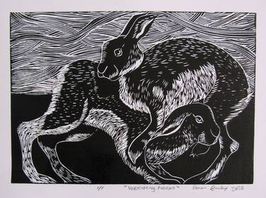 Wrestling Hares. Linoprint thumb