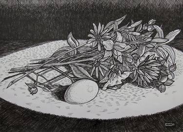 Still life with flowers, egg. Pen on 29.7x42cm paper. thumb