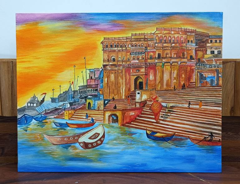 Original Sunset Painting by Monika Patel | Expressionism Art on Canvas | Banaras: The Devotional Soul of India