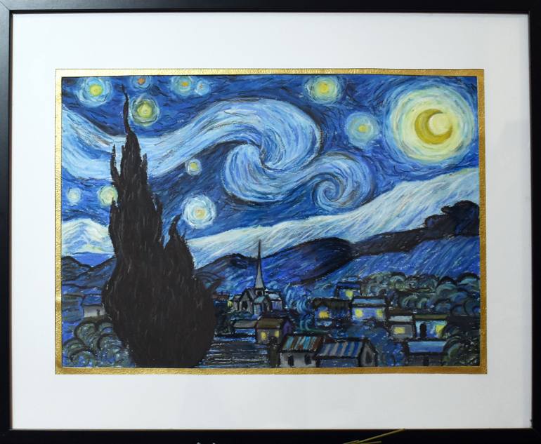 Original Landscape Drawing by Anastasiia Talash | Expressionism Art on Paper | The Starry Night (Van Gogh Tribute Series)