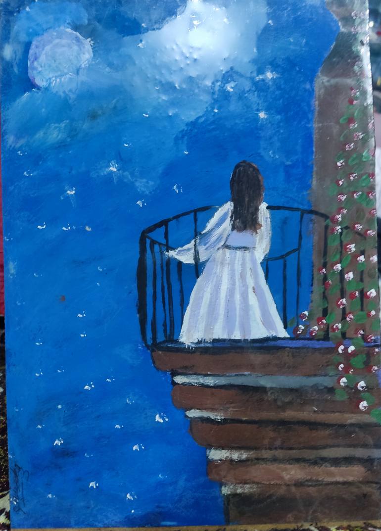 Original Abstract Painting by Shafi Ullah | Abstract Art on Wood | "Starry Night on the Balcony