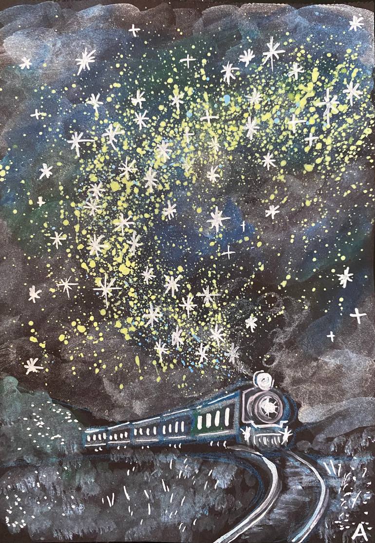 Original Landscape Painting by Arisa Tateishi | Illustration Art on Paper | A Journey through the Star-Dusted Night.