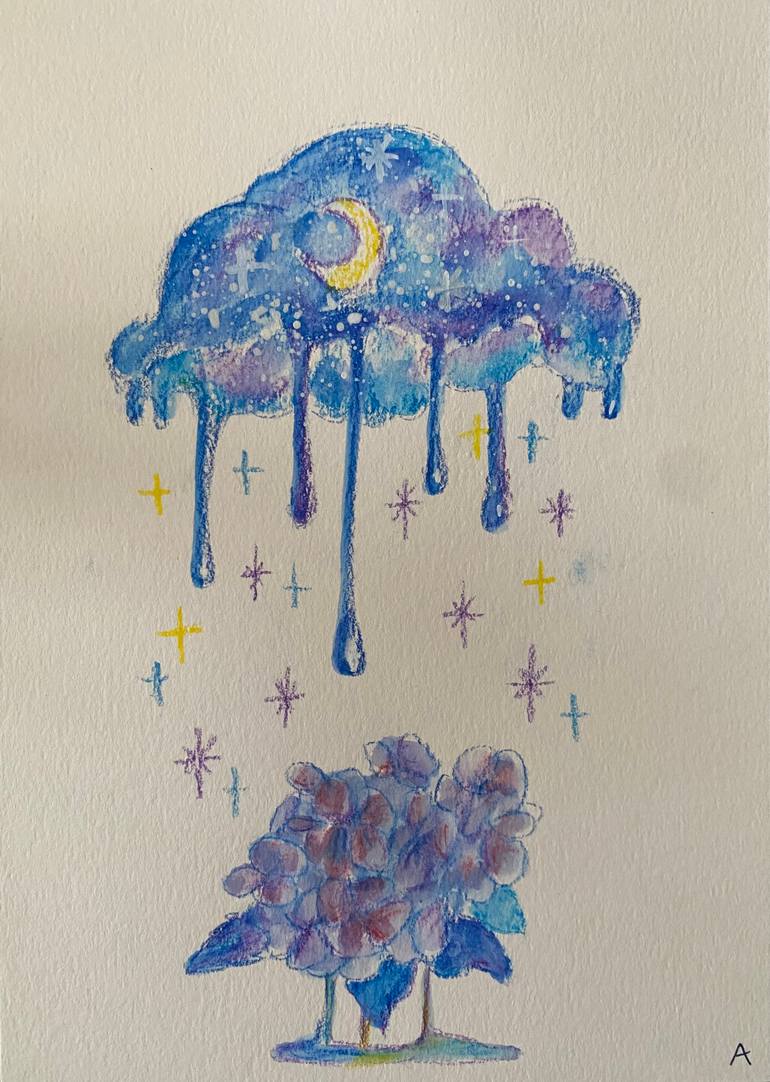Original Floral Painting by Arisa Tateishi | Illustration Art on Paper | When the Night Sky Melts into a Summer Bloom