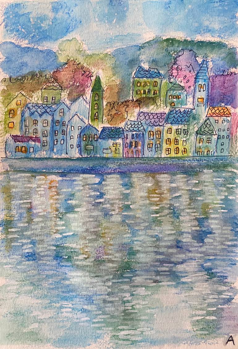 Original Landscape Painting by Arisa Tateishi | Impressionism Art on Paper | A Town Mirrored in the Whispers of the Lake