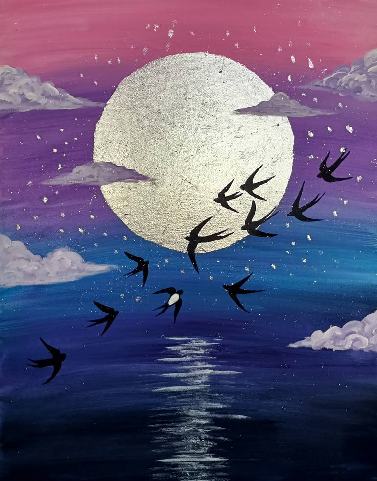 Original Light Painting by Olga Svist | Contemporary Art on Canvas | The Silver Call: The Way of Swallows