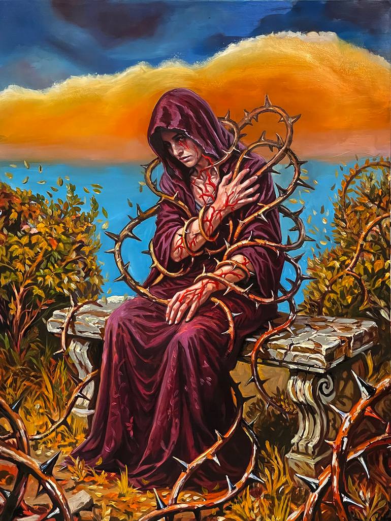 Original Body Painting by Malik Nairat | Figurative Art on Mdf | Vigil of the Prickled Soul