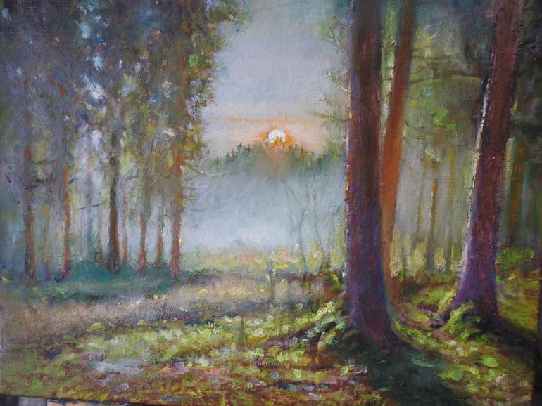 Original Nature Painting by I N Radlin | Expressionism Art on Canvas | Dawn. Fog over the forest lake.